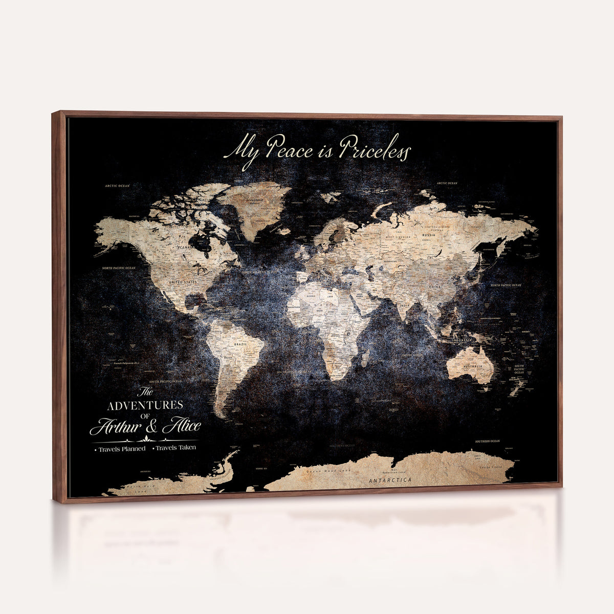 38689152-MGV-CV-36X24 - Personalized Beige World Map Canvas with Push Pins, Couples Countries Visited Map, Study and Hallway Decor