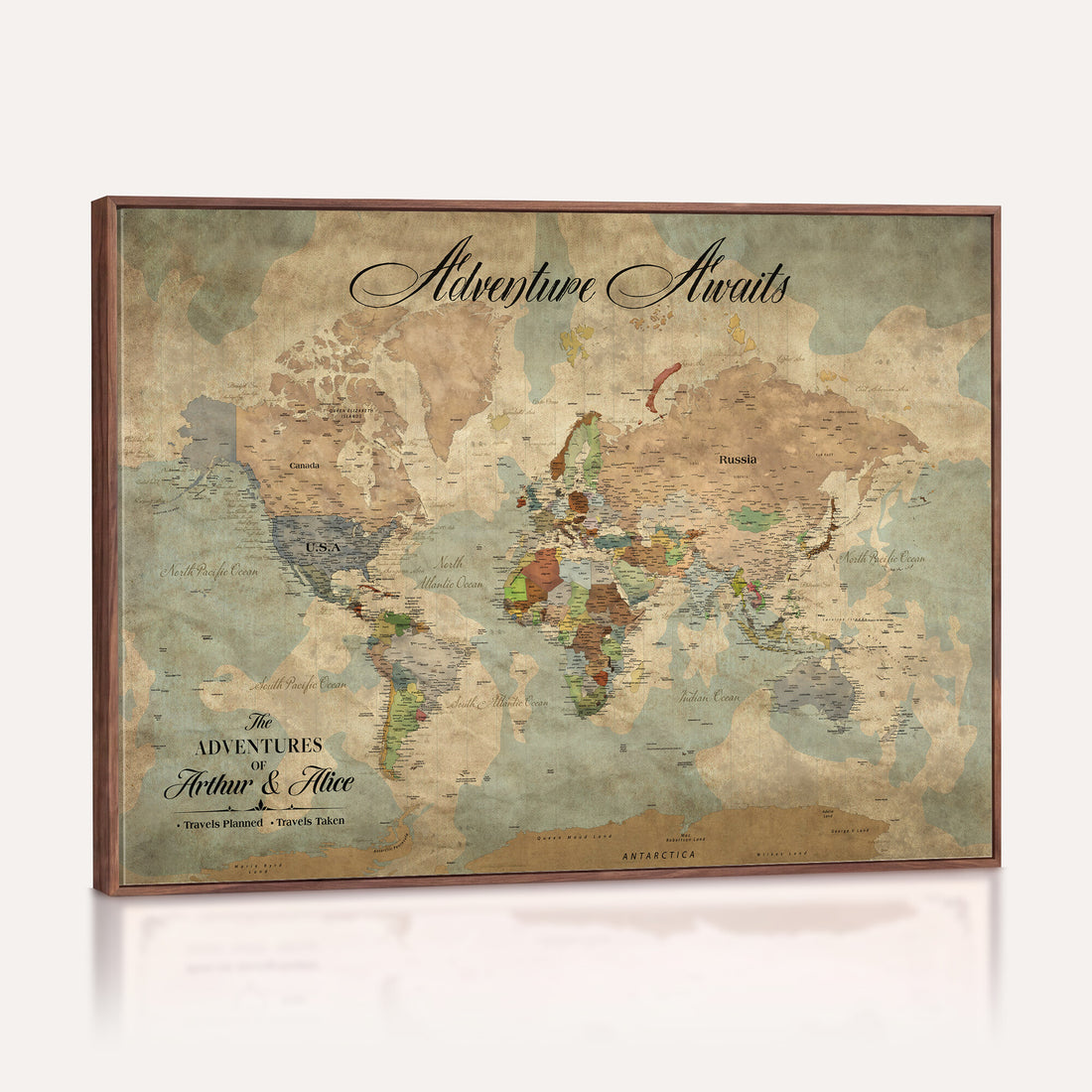 Custom Beige World Travel Map Wall Art with Pins, Bucket List Map, Dining Room and Study Decor