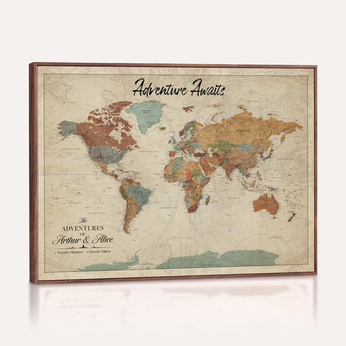 Custom Beige Push Pin World Map Canvas Print, Next Trip Planner Map, Family Room and Study Decor