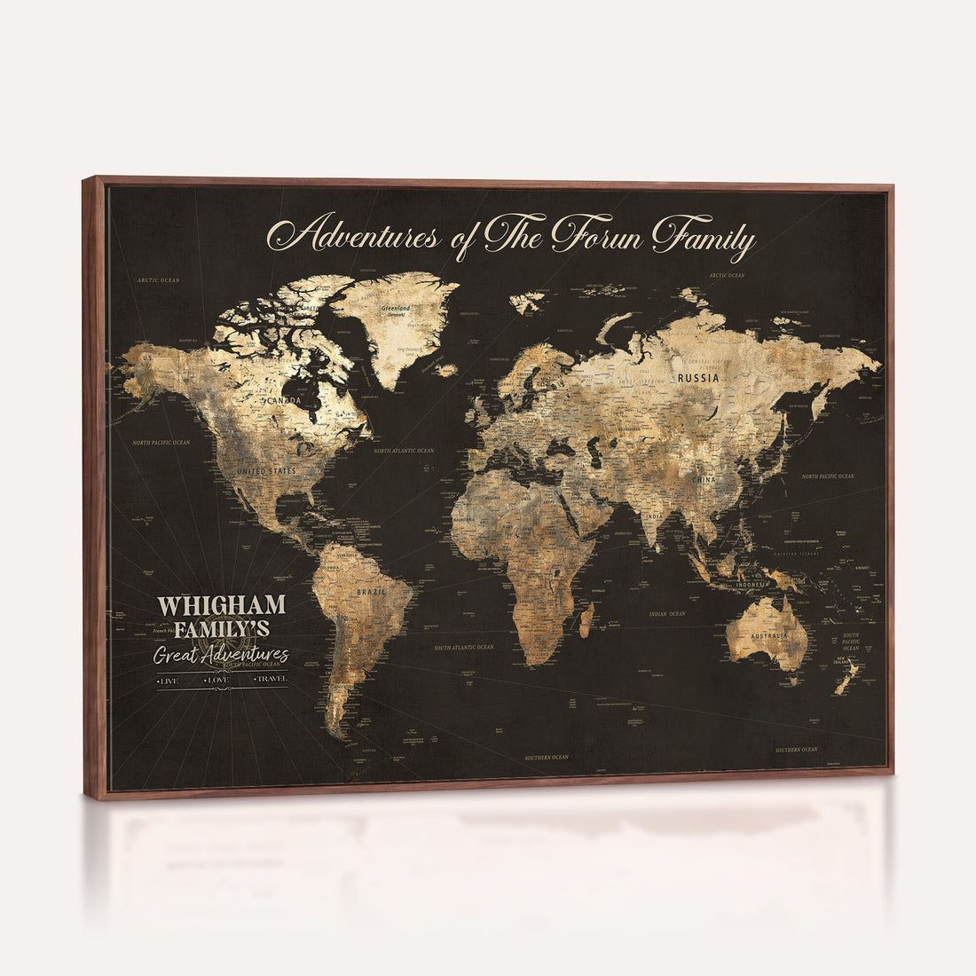 Personalized Framed Beige World Travel Map Wall Art with Pins, Couples Countries Visited Map, Family Room and Dining Room Decor