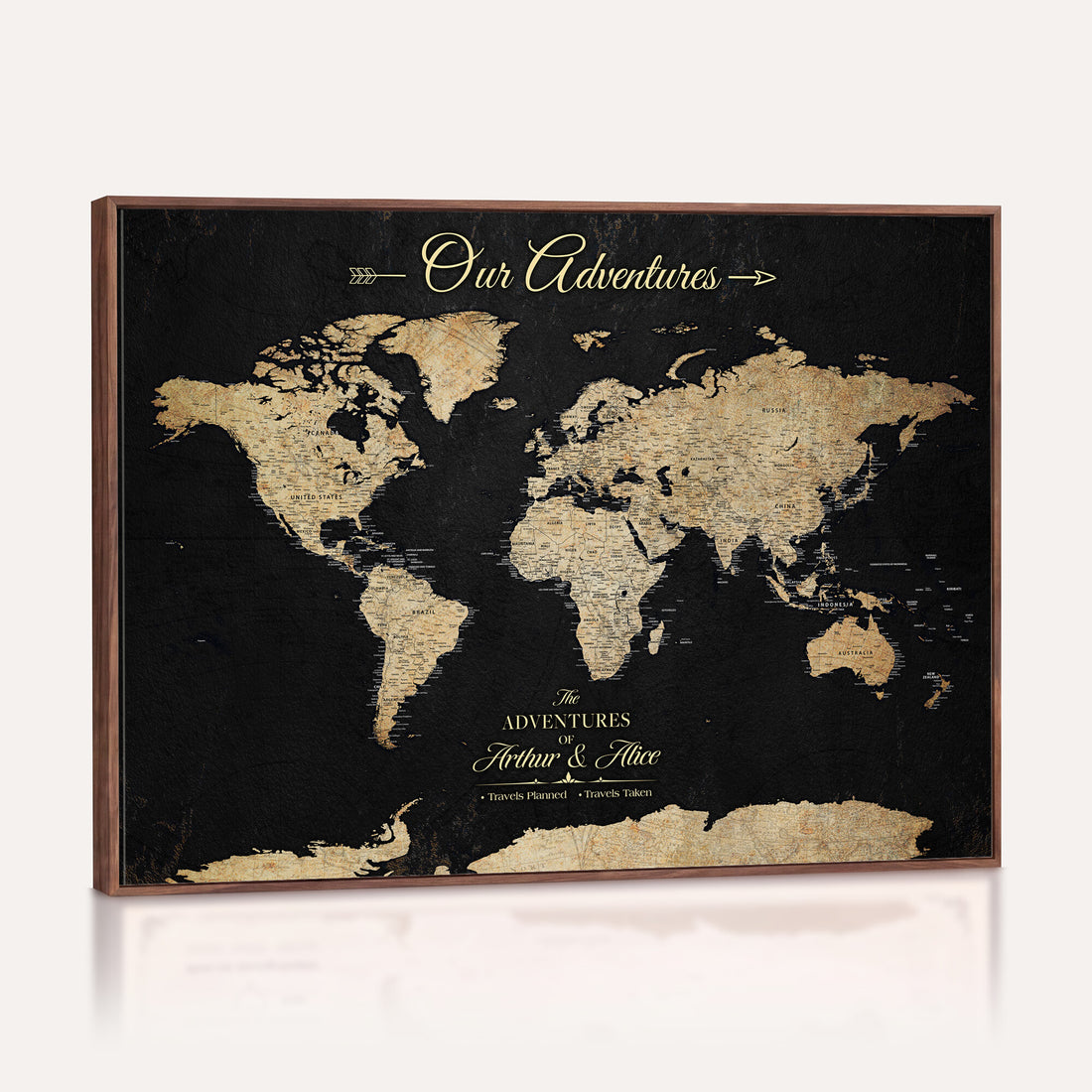 Personalized Framed Beige Push Pin World Map Canvas Print, Family Travel Tracker, Bedroom and Home Office Decor
