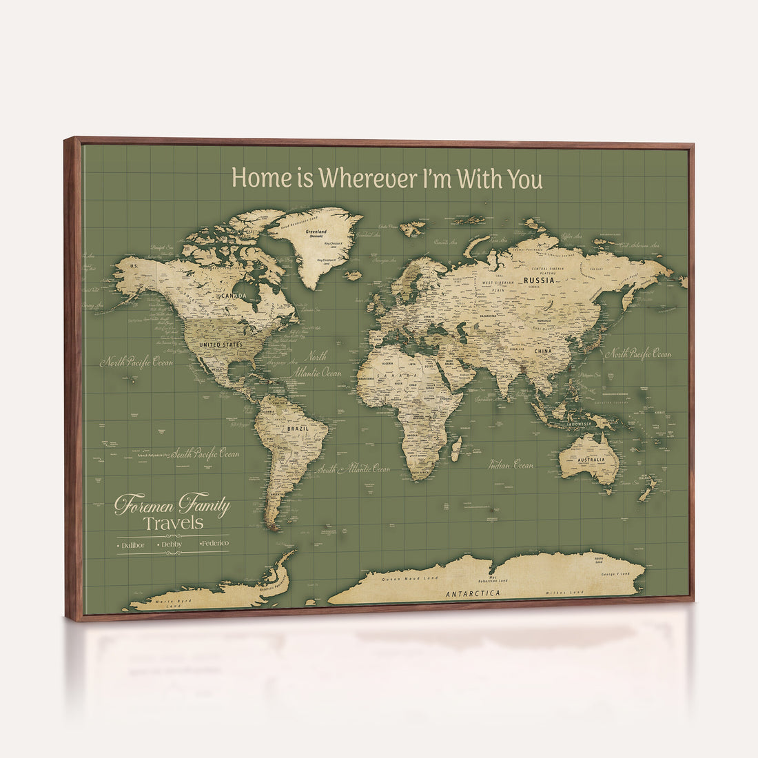 Personalized Framed Navy Push Pin World Map Wall Art, Family Travel Tracker, Bedroom and Home Office Decor