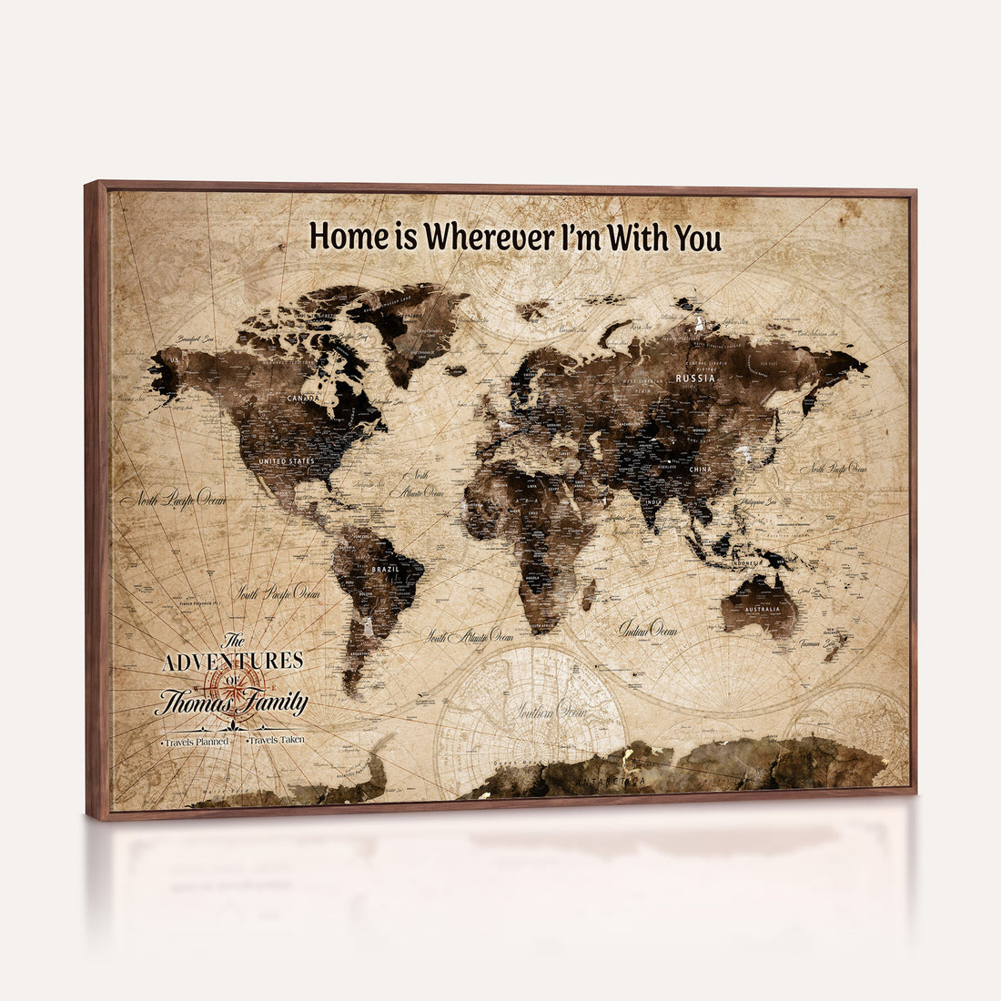Personalized Framed Beige Modern World Travel Map Wall Art with Pins, Family Adventure Map, Living Room and Hallway Decor