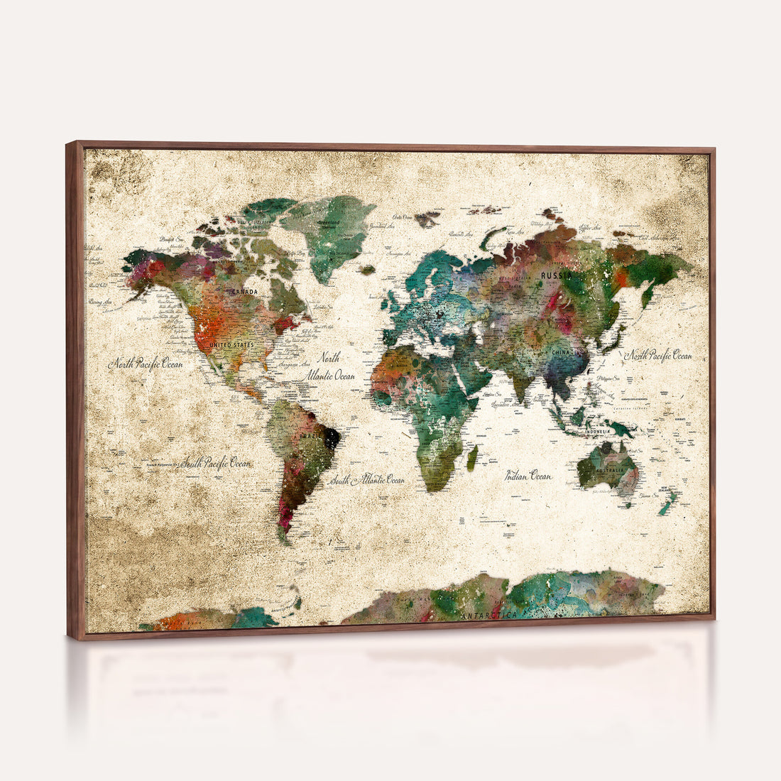 Colorful Grunge World Map Canvas Print | Framed Detailed Map of the World