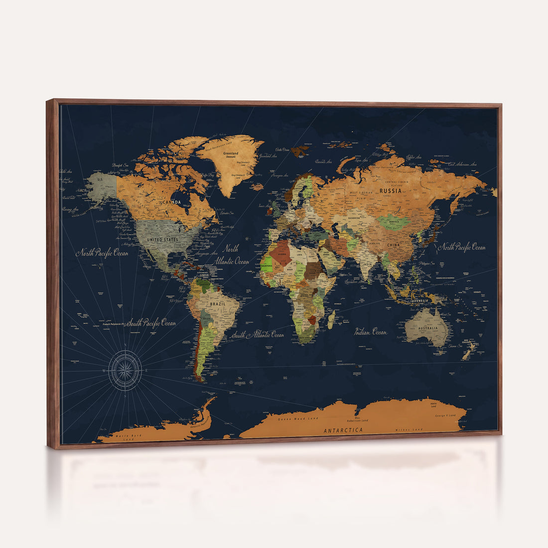 Modern World Map Canvas Print, Framed Detailed Map of the World Wall Art