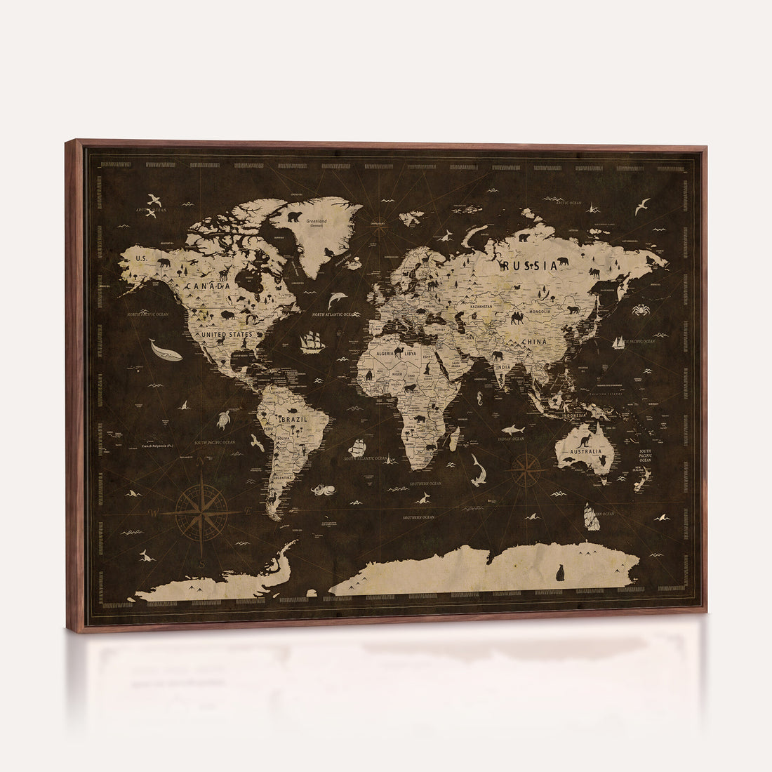 Colorful World Map Canvas Wall Art with Landmarks | Framed Travel Map