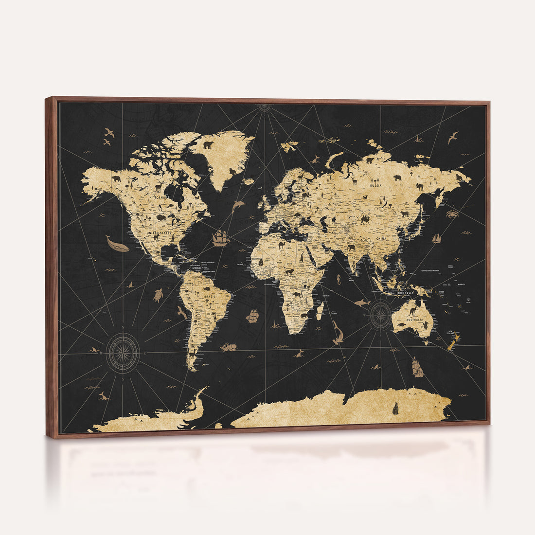 Vintage Blue and Brown World Map Canvas Wall Art | Framed Rustic Map Print