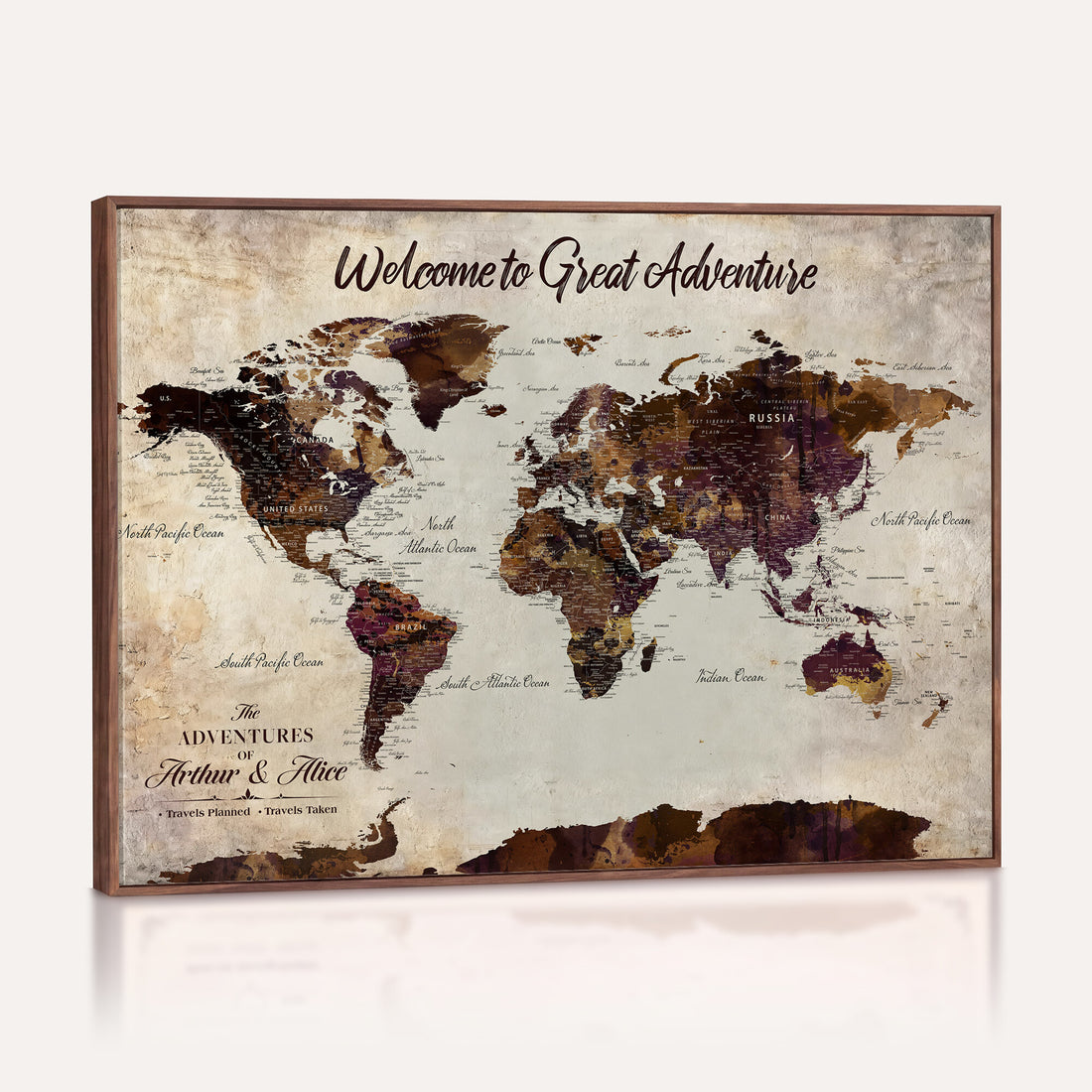Custom Beige World Travel Map Wall Art with Pins, Places Visited Tracker, Family Room and Entryway Decor