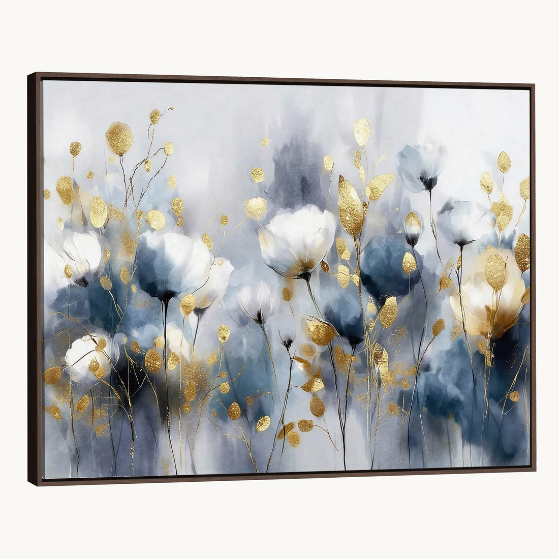 Large Abstract Flowers Wall Art Canvas Print | Gold and Blue Botanical Artwork