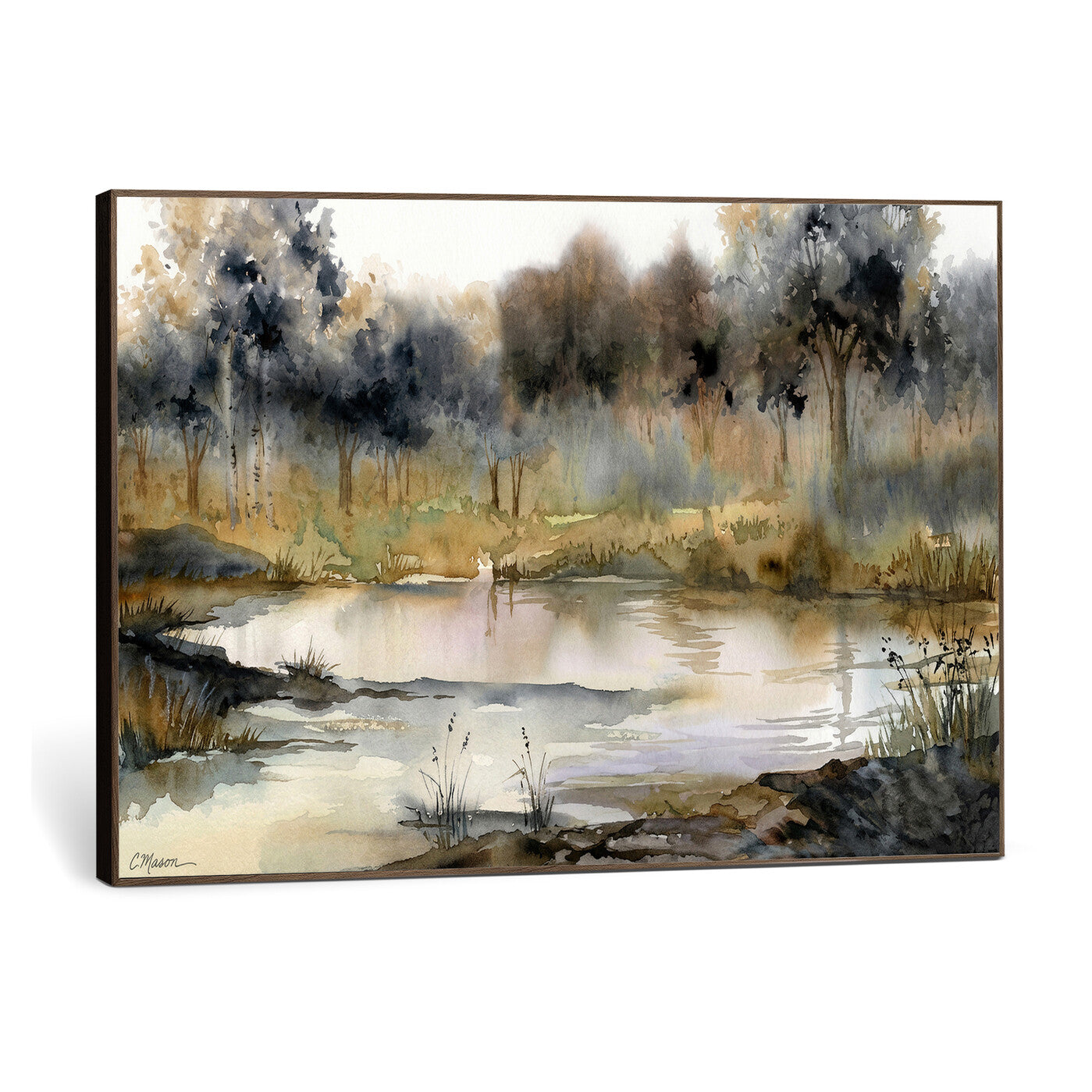 27383609-MGV-CV-36X24 - Abstract Watercolor Autumn Lake Canvas Wall Art Print - Misty Forest Landscape, Rustic Nature Painting, Cabin Wall Decor - Ready to Hang