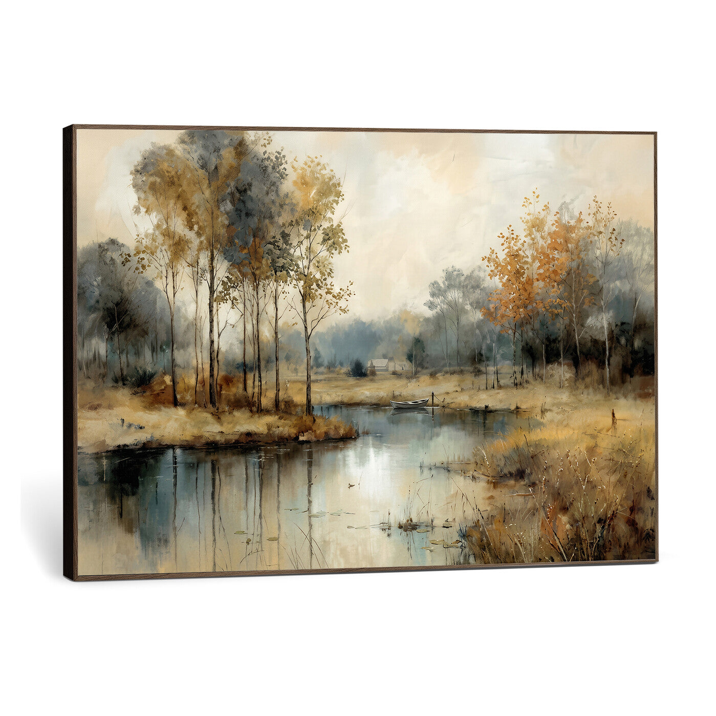 74391095-MGV-CV-36X24 - Abstract WatercolorAutumn Lake Canvas Wall Art Print, Misty Forest Landscape, Rustic Nature Painting, Cabin Wall Decor | Ready to Hang