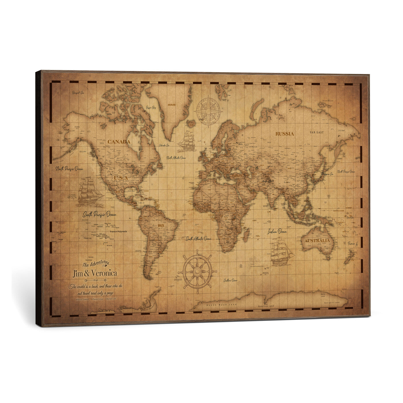 55328610-MGV-CV-36X24 - Personalize Push Pin World Map Wall Art Print - Vintage Travel Map Canvas, Custom Names Anniversary Gift, Places Visited Pin Board