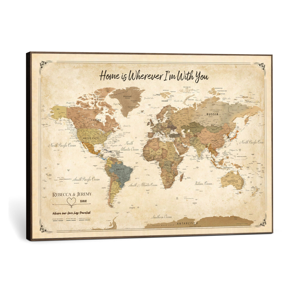 40086165-MGV-CV-36X24 - Framed Vintage Custom Push Pin World Map Canvas Print – Personalized Travel Map Wall Art