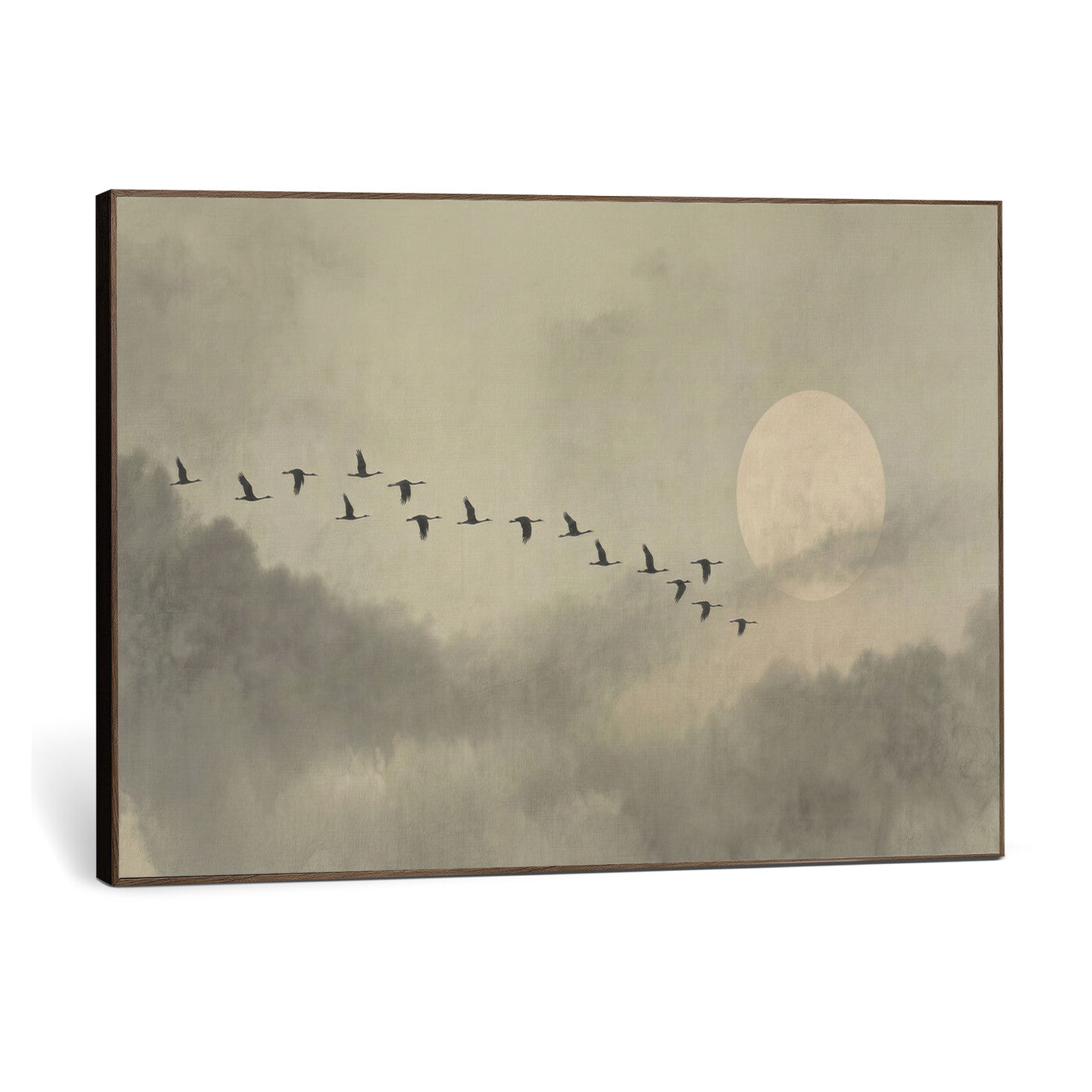 12098149-MGV-CV-36X24 - Flock of Birds Flying to Full Moon Wall Art Canvas Print - Vintage Surreal Clouds Painting