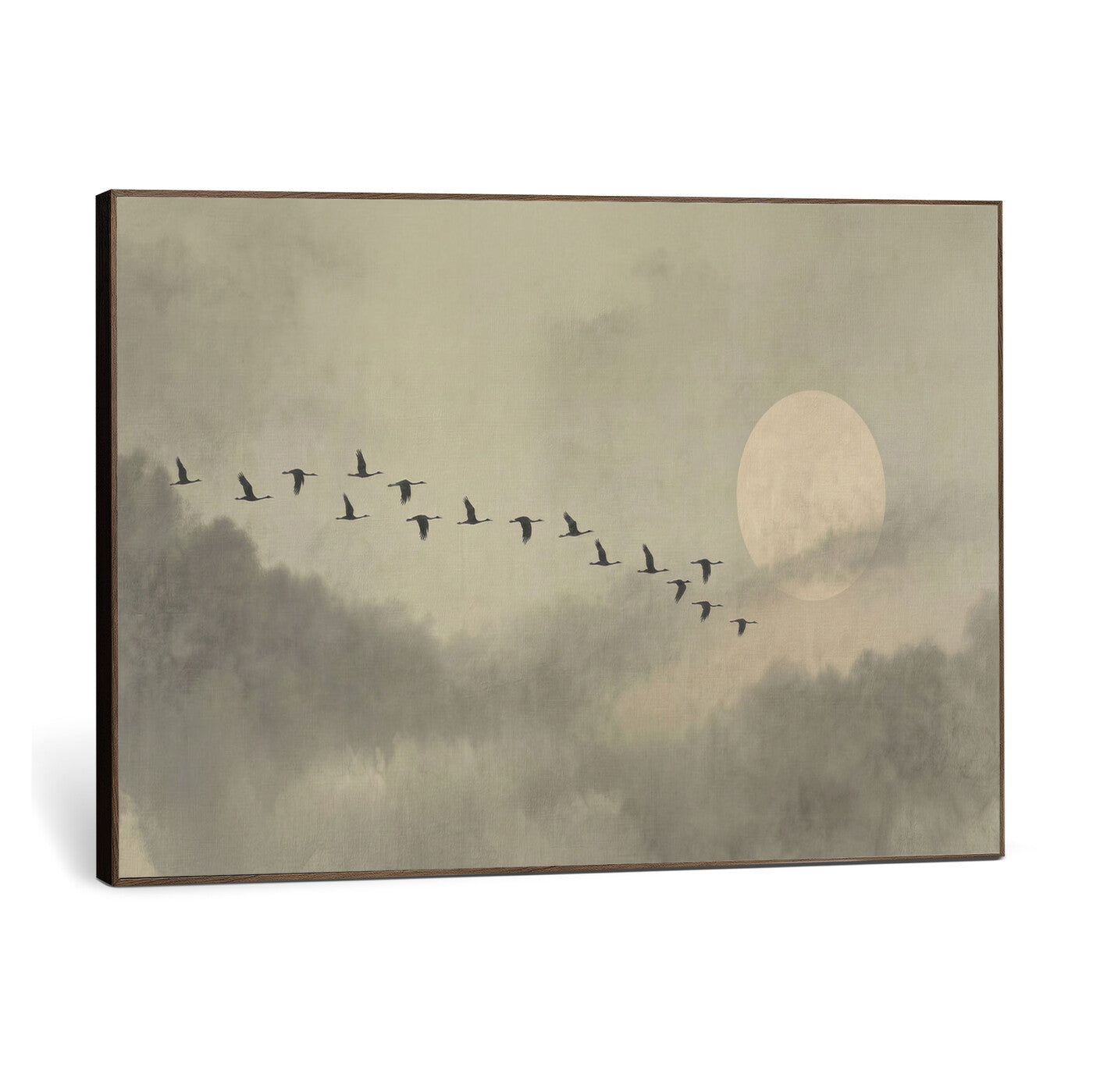 12098149-MGV-CV-36X24 - Flock of Birds Flying to Full Moon Wall Art Canvas Print - Vintage Surreal Clouds Painting