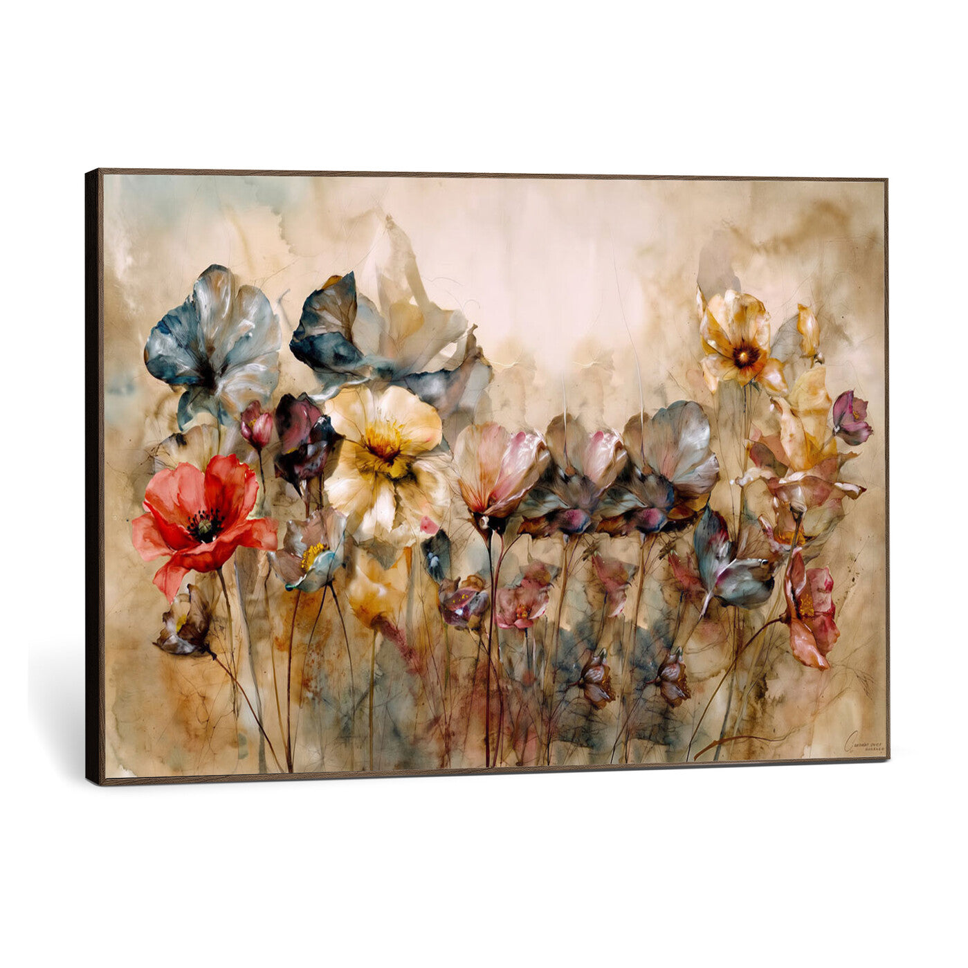 11407233-MGV-CV-36X24 - Vintage Dried Floral Meadow Wall Art Canvas Print, Translucent Watercolor Flowers Painting Print