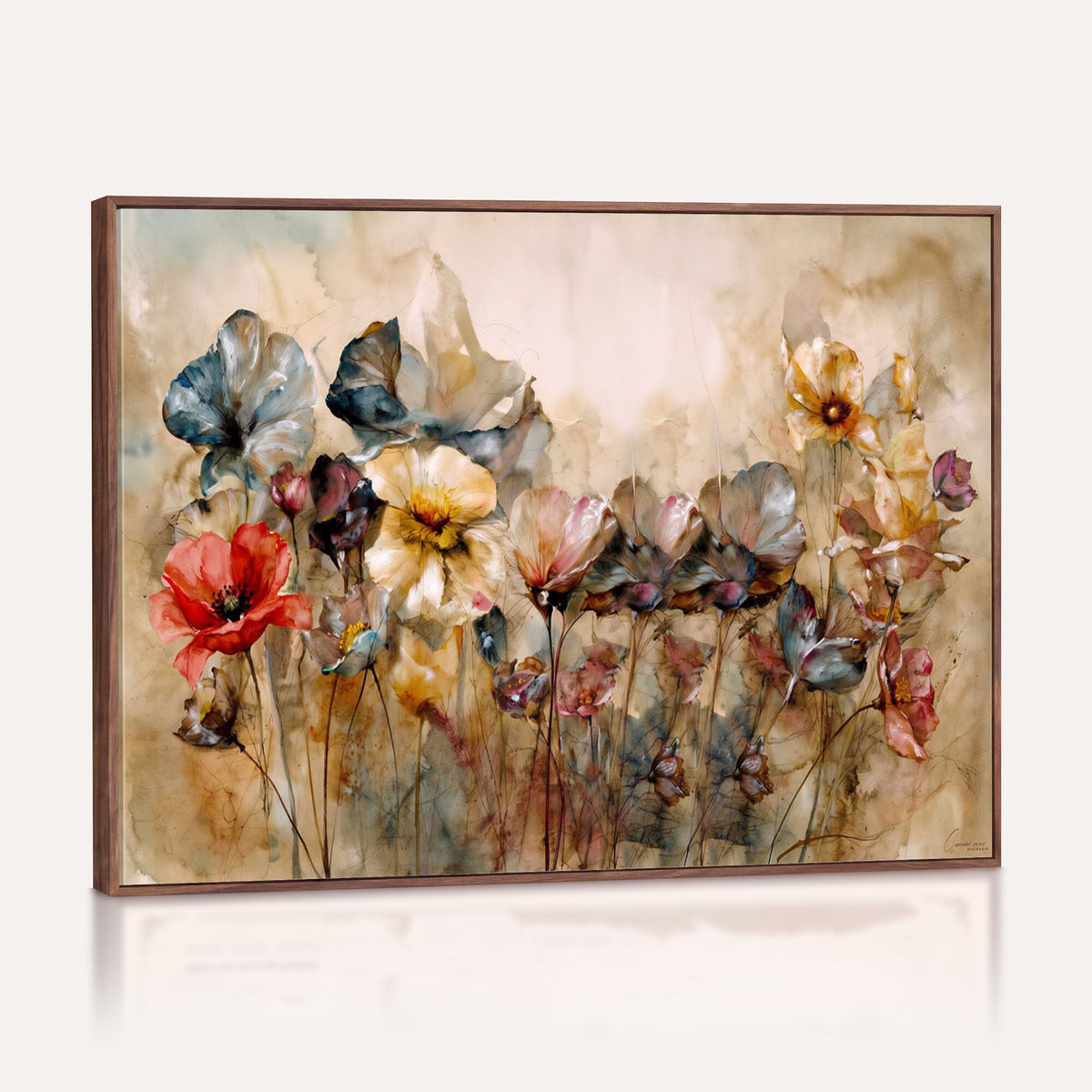 11407233-MGV-CV-36X24 - Vintage Dried Floral Meadow Wall Art Canvas Print, Translucent Watercolor Flowers Painting Print