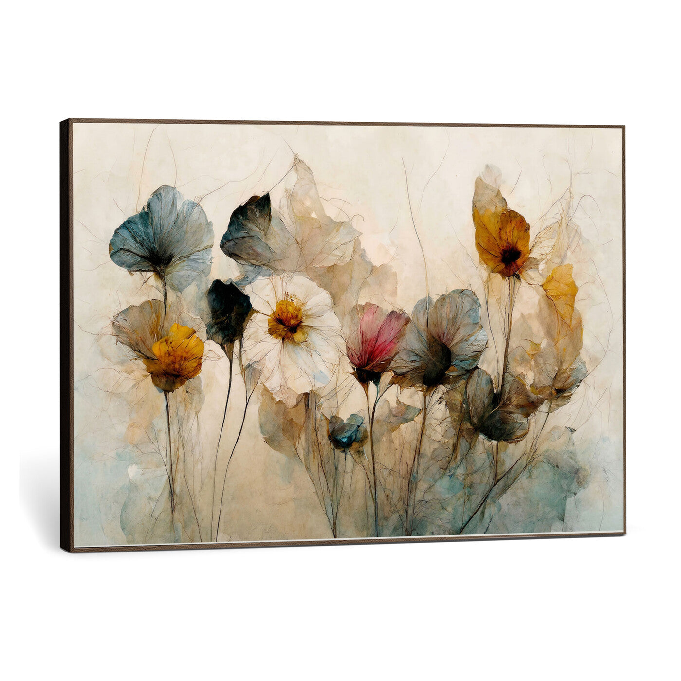 86802229-MGV-CV-36X24 - Vintage Dried Floral Meadow Wall Art Canvas Print, Translucent Watercolor Flowers Painting Print