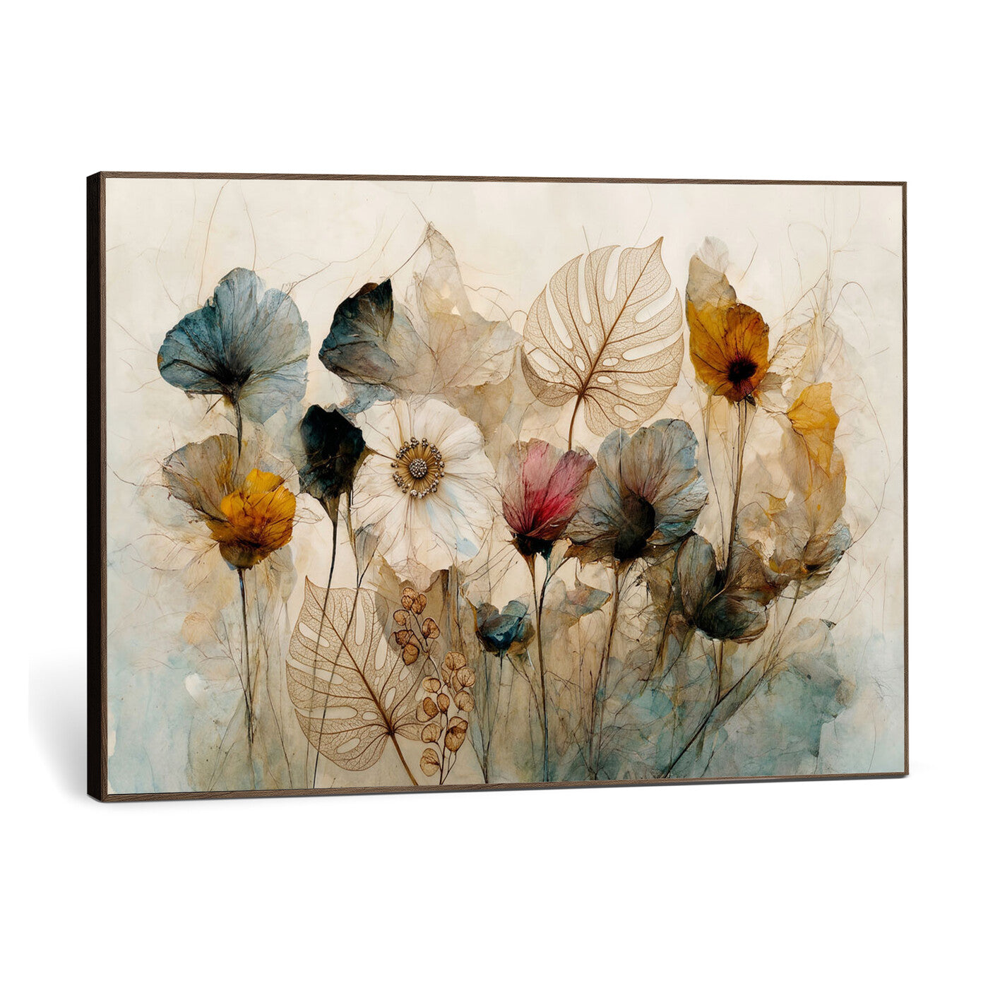 93171612-MGV-CV-36X24 - Vintage Dried Floral Meadow Wall Art Canvas Print, Translucent Watercolor Flowers Painting Print
