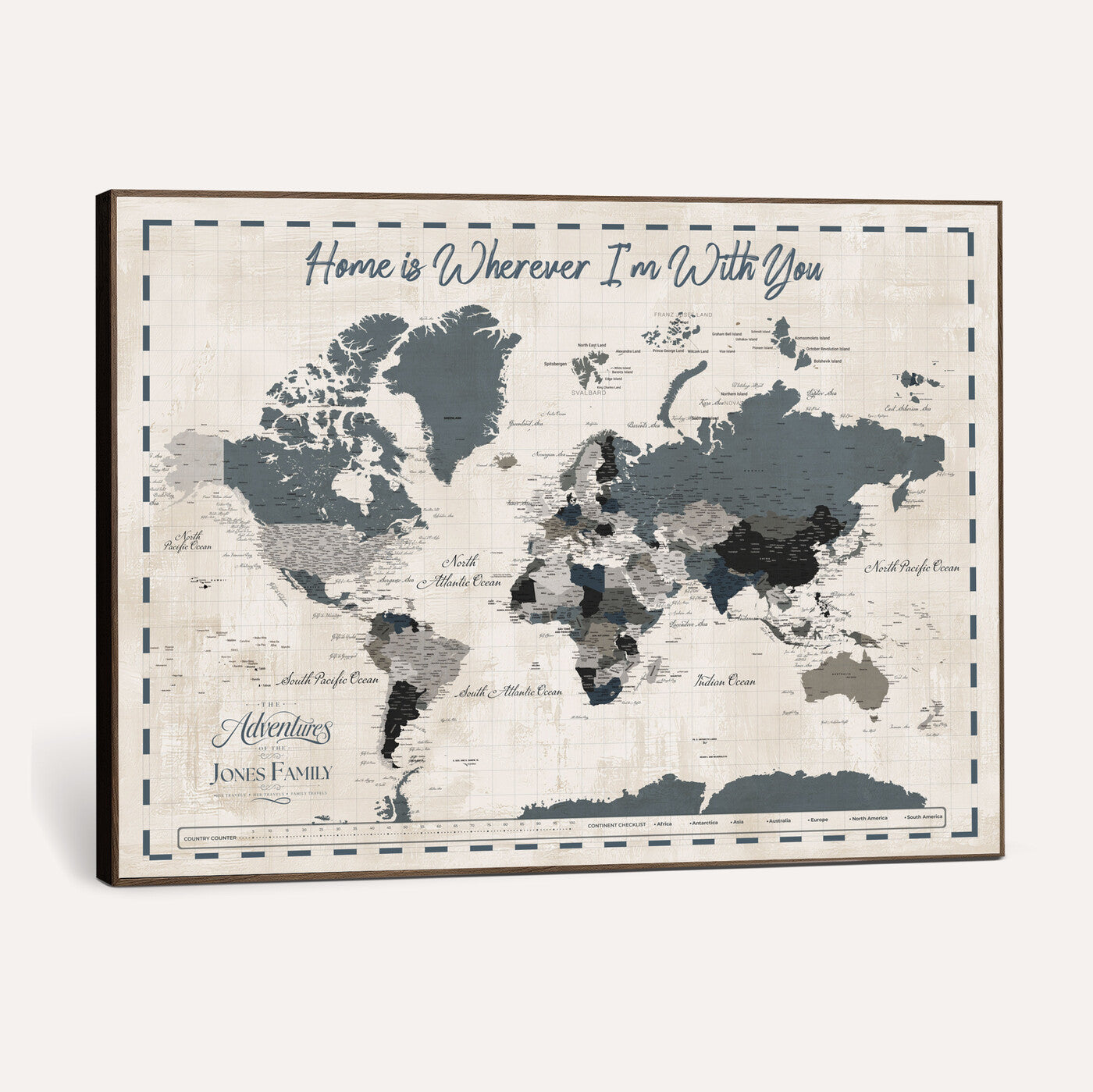 400867164-MGV-CV-36X24 - Framed Blue Custom Push Pin World Map Canvas Print – Personalized Travel Map Wall Art