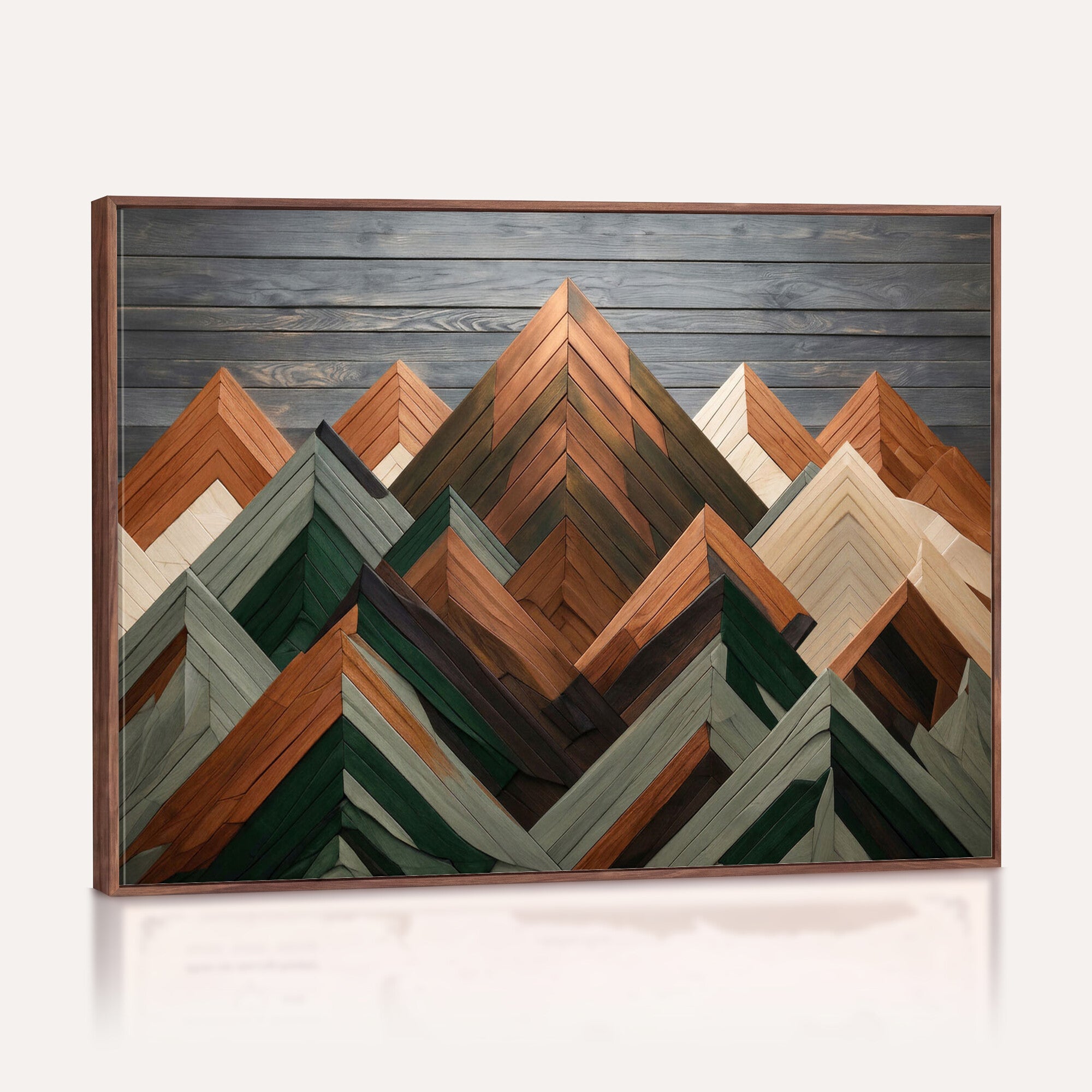 84617347-MGV-CV-36X24 - Geometric Wood Mountain Wall Art Canvas Print, 3D Look Rustic Mosaic Landscape Print