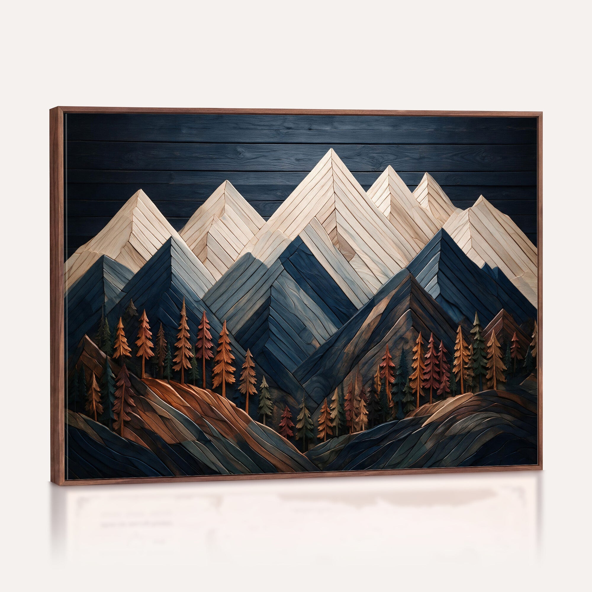 87765072-MGV-CV-36X24 - Geometric Wood Mountain Wall Art Canvas Print, 3D Look Rustic Mosaic Landscape Print