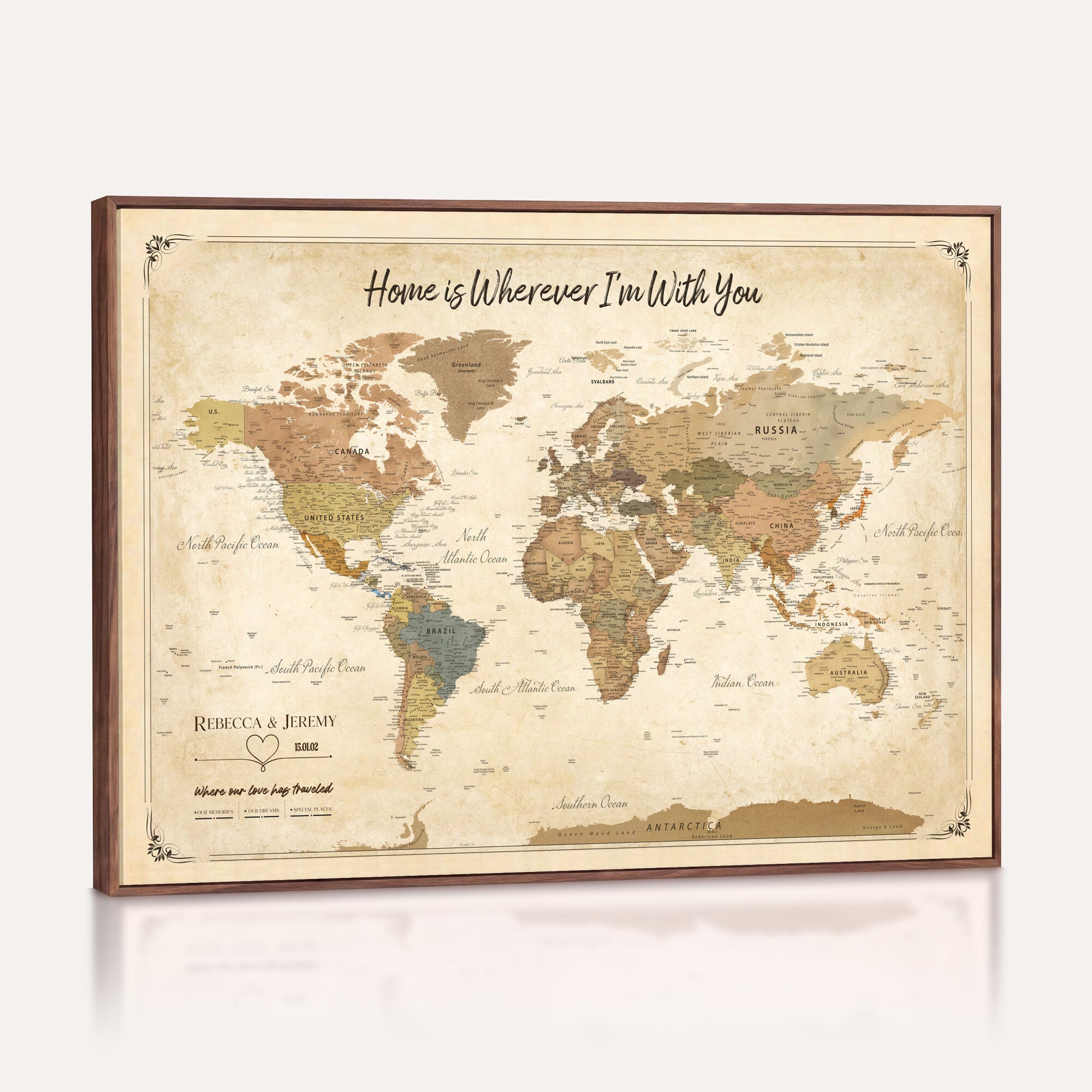 40086165SP-MGV-CV-36X24 - Custom Push Pin Travel Map Canvas Print, Cream Personalized Travel Tracker Map, Anniversary Gift, Vintage World Map Wall Art