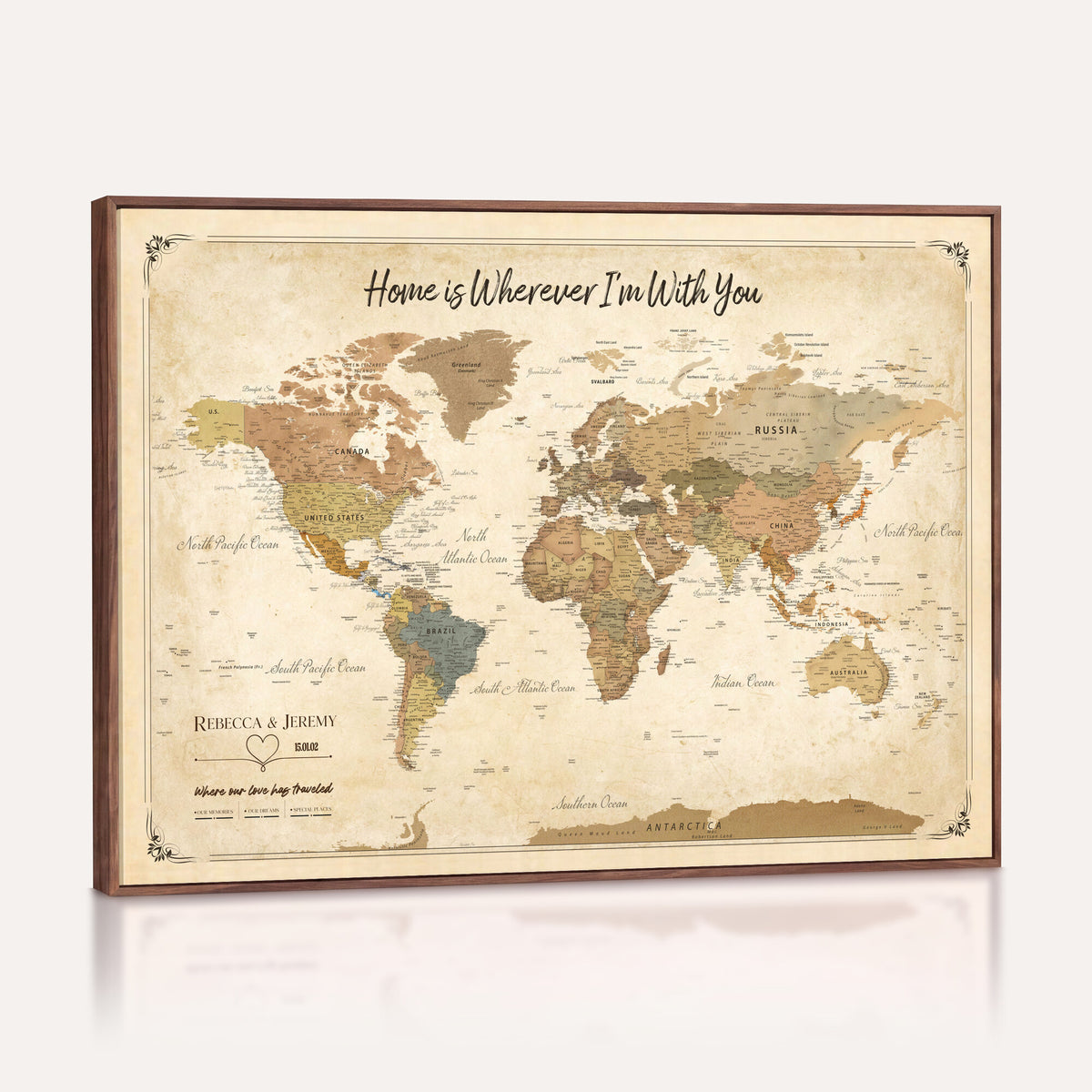 40086165SP-MGV-CV-36X24 - Custom Push Pin Travel Map Canvas Print, Cream Personalized Travel Tracker Map, Anniversary Gift, Vintage World Map Wall Art