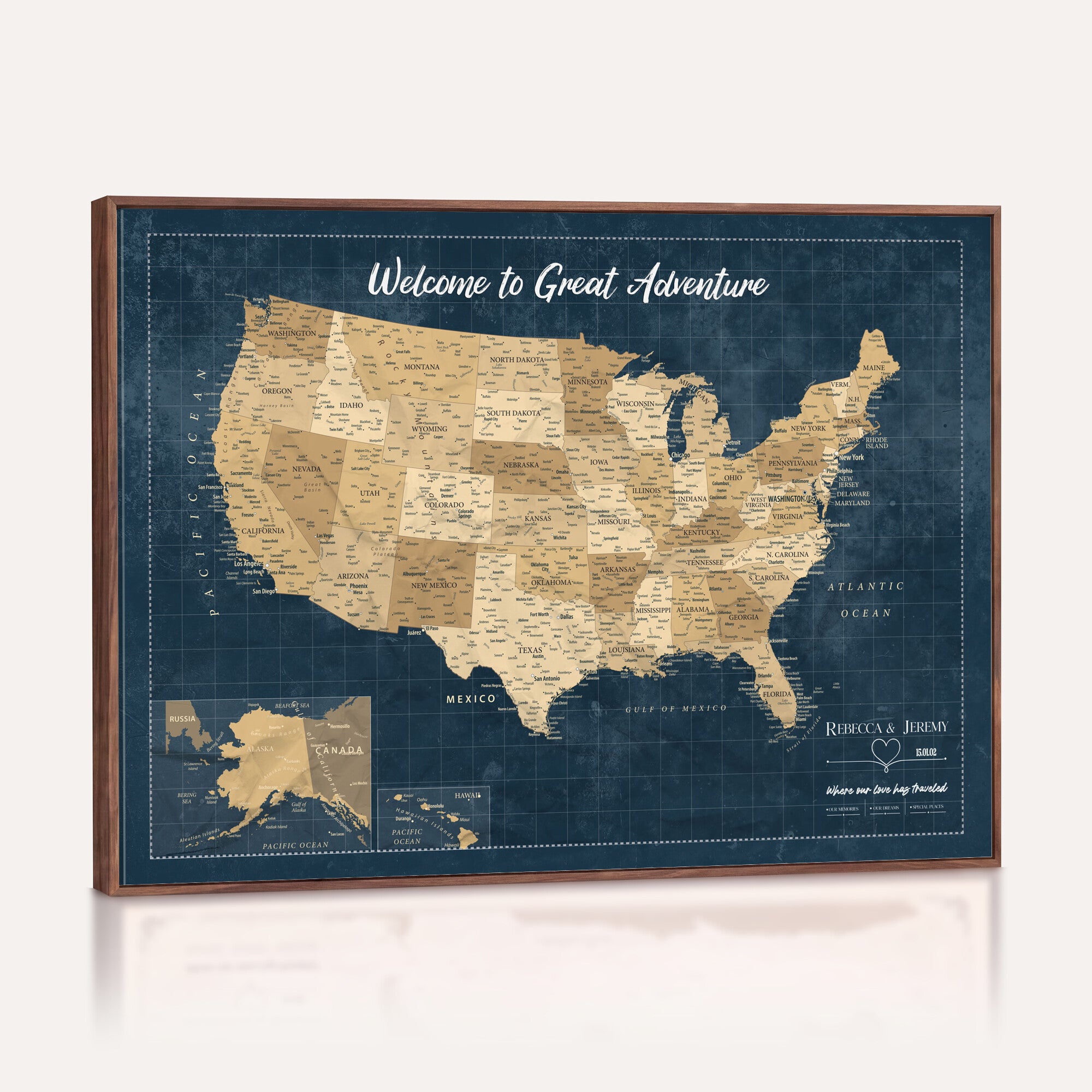 58851035-MGV-CV-36X24 - Custom Push Pin Travel USA Map Canvas Print, Cream Personalized Travel Tracker America Map, Anniversary Traveler Gift