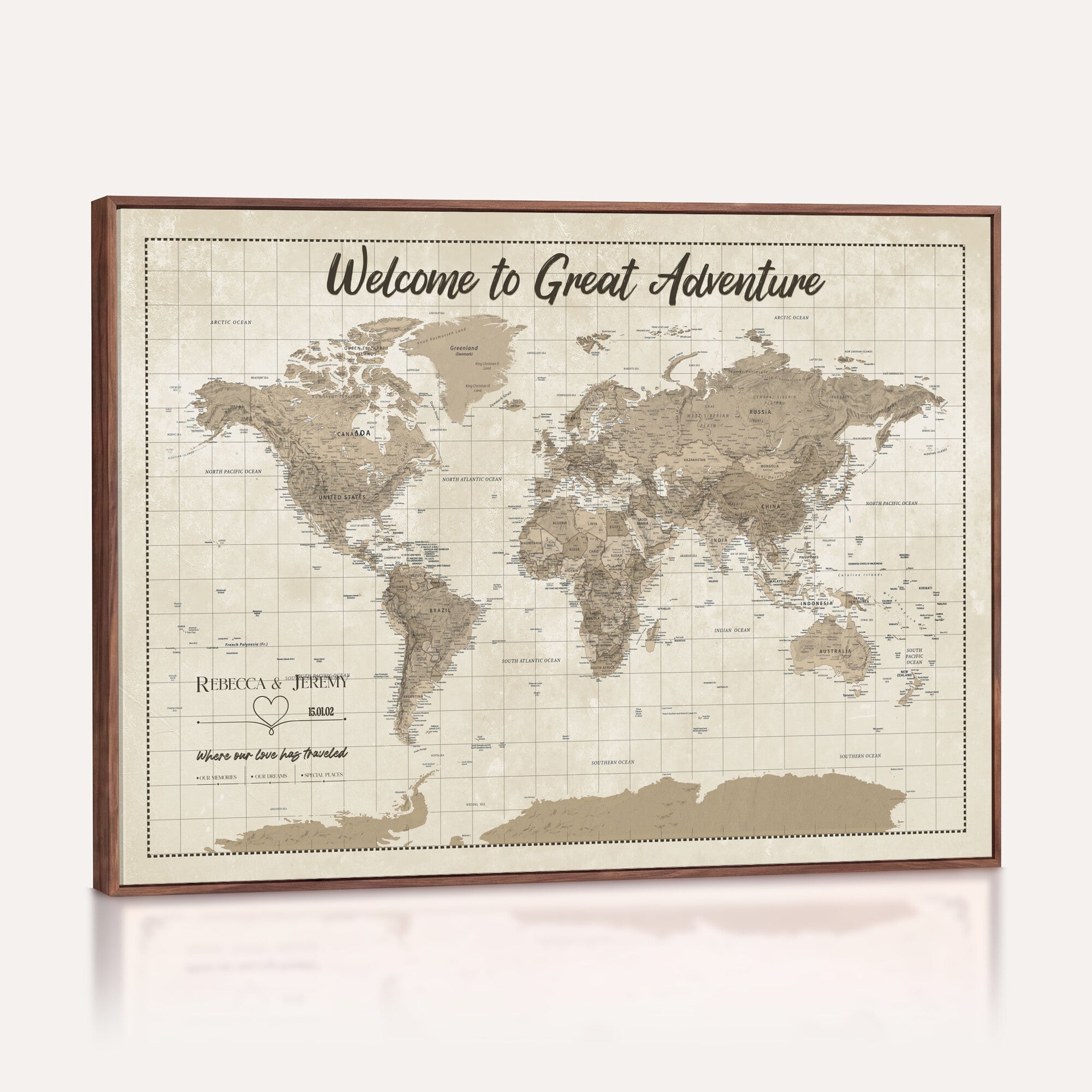 51180020-MGV-CV-36X24 - Custom Push Pin Travel Map Canvas Print, Cream Personalized Travel Tracker Map, Anniversary Gift, Vintage World Map Wall Art