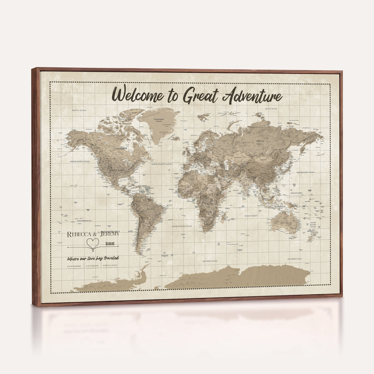 51180020-MGV-CV-36X24 - Custom Push Pin Travel Map Canvas Print, Cream Personalized Travel Tracker Map, Anniversary Gift, Vintage World Map Wall Art