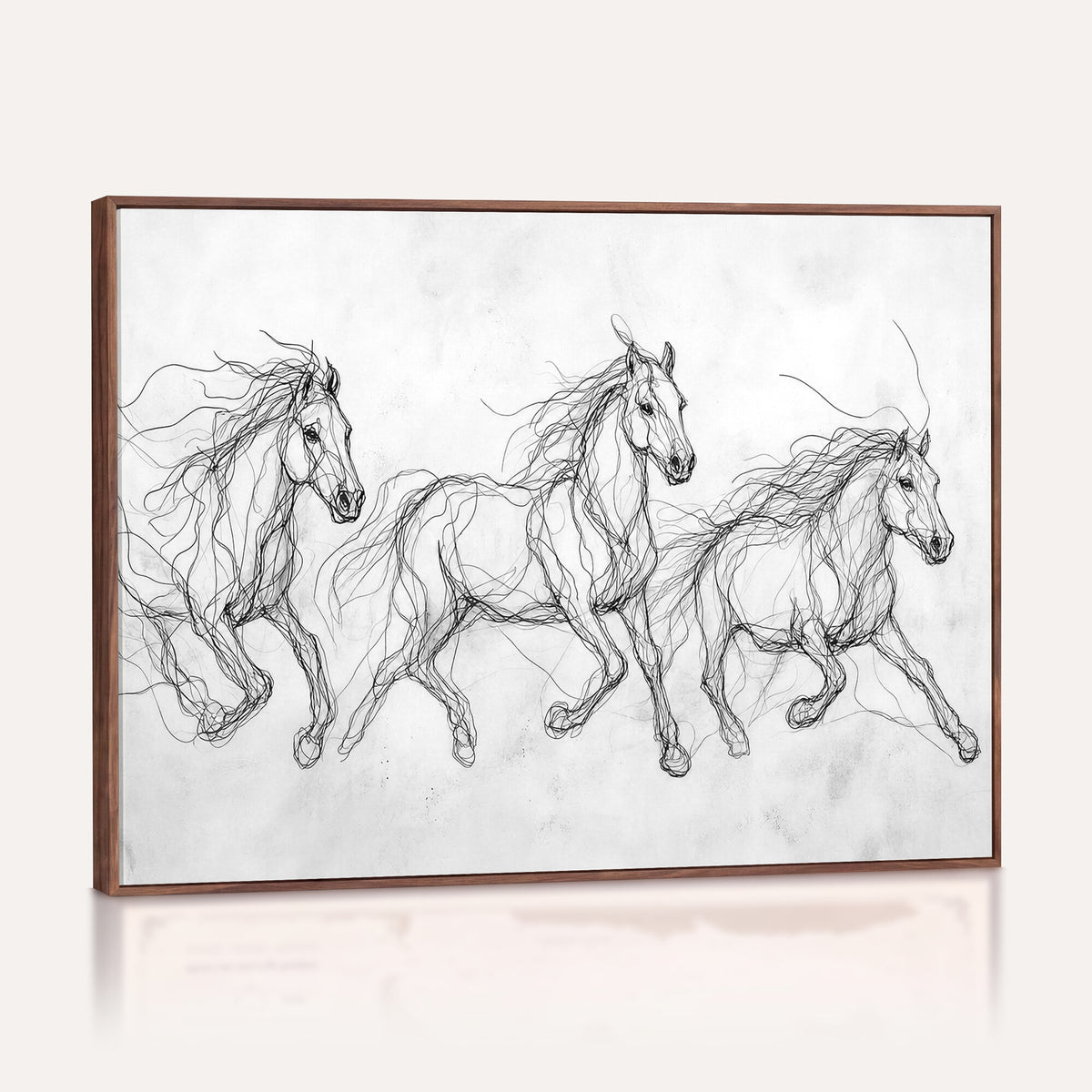 53600119-MGV-CV-36X24 - Monochrome Horse Canvas Wall Art, Black Ink Sketch Wild Horses Print, Minimalist Equestrian Artwork, Modern Abstract Line Decor, Urban Loft Gift