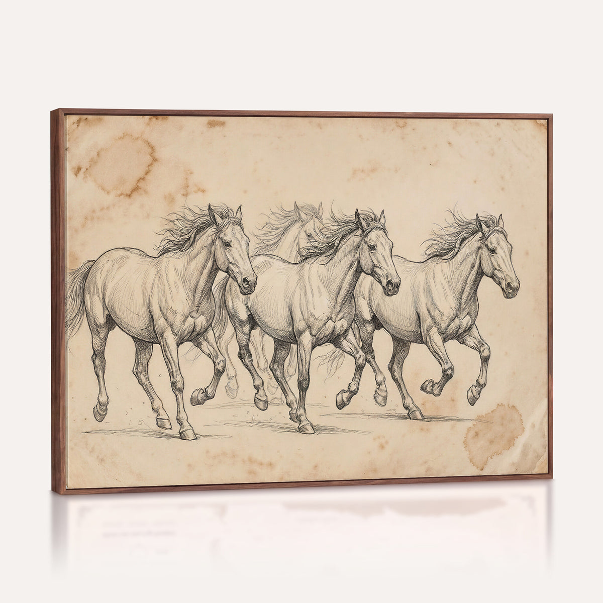 16644391-MGV-CV-36X24 - Vintage Horse Sketch Canvas Wall Art, Wild Horses Pencil Drawing Print, Antique Parchment Western Decor, Equine Sketching, Country Manor Gift