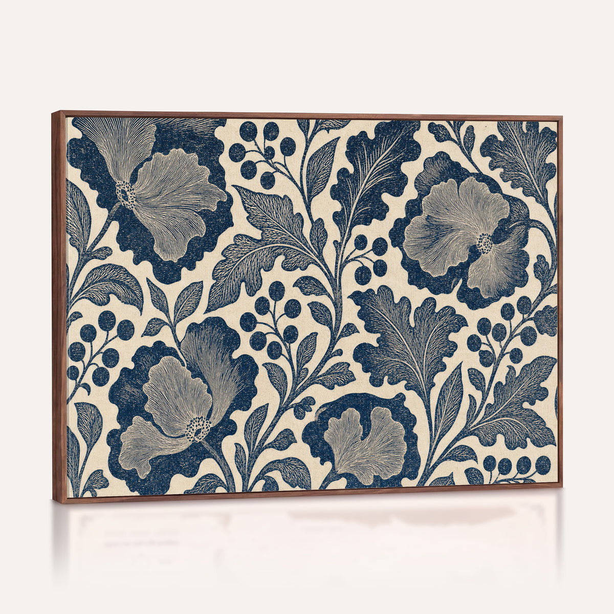 23824002-MGV-CV-36X24 - William Morris Style Navy Blue Floral Wall Art Canvas Print, Vintage Cream Botanical Painting Print