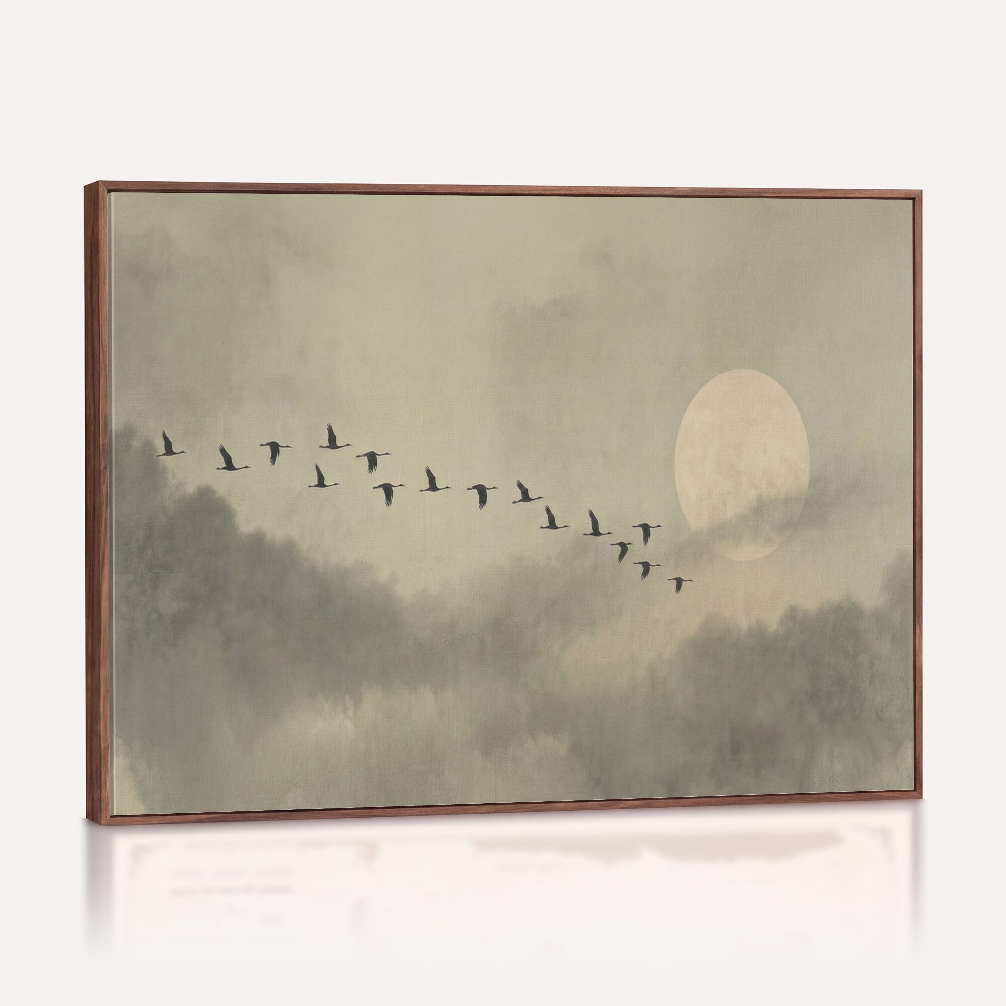 1209814B-MGV-CV-36X24 - Flying Cranes Canvas Wall Art, Misty Landscape with Moon, Sage Green Japandi Decor, Framed Print