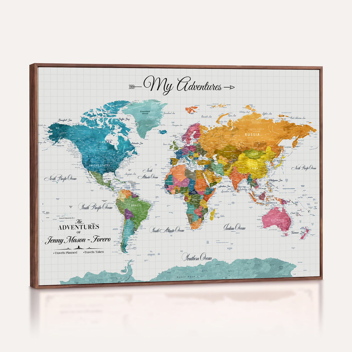 66743043-MGV-CV-36X24 - Extra Large Framed Personalize Push Pin World Map Wall Art Canvas Print for Travel Tracking