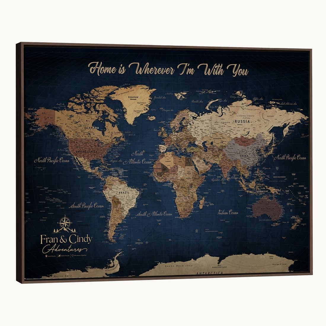 Custom Framed Deep Blue Geometric Push Pin World Map Wall Art, Next Trip Planner Map, Family Room and Hallway Decor