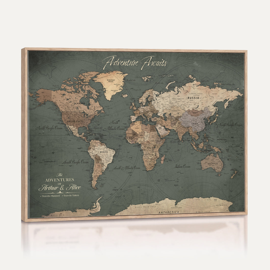 Personalized Framed Beige Modern World Map Canvas with Push Pins, Bucket List Map, Family Room and Dining Room Decor