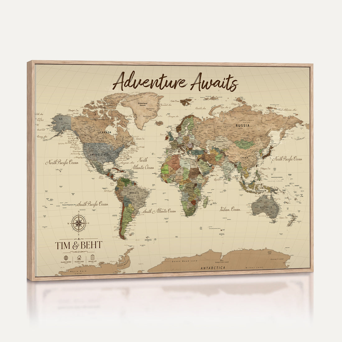 Custom Beige Geometric Push Pin Travel Map Canvas Print, Family Travel Tracker, Home Office and Entryway Decor