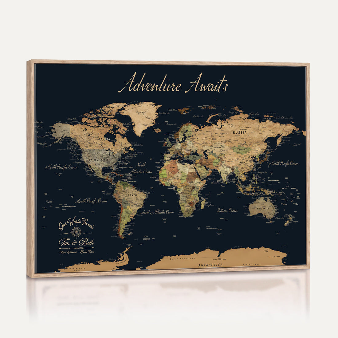 Personalized Navy Geometric World Map Canvas with Push Pins, Honeymoon and Anniversary Gift, Home Office and Hallway Decor