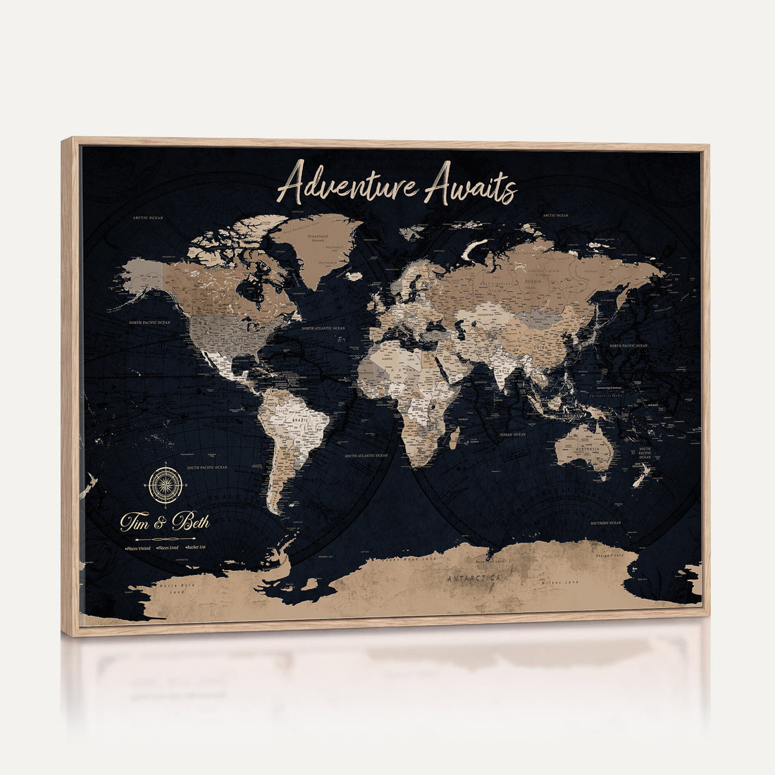 Personalized Framed Blue Vintage Push Pin World Map Canvas Print, Places Visited Tracker, Home Office and Hallway Decor
