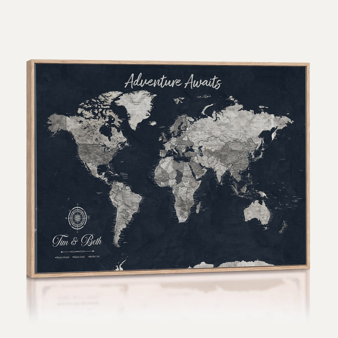 Personalized Framed Beige Vintage Push Pin World Map Wall Art, Bucket List Map, Study and Hallway Decor