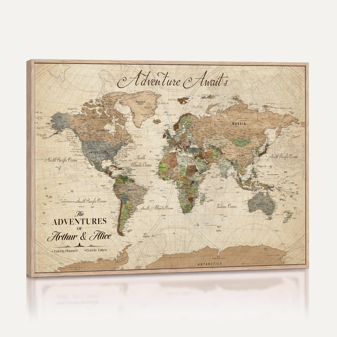 Custom Framed Beige Vintage World Travel Map Wall Art with Pins, Family Travel Tracker, Family Room and Hallway Decor