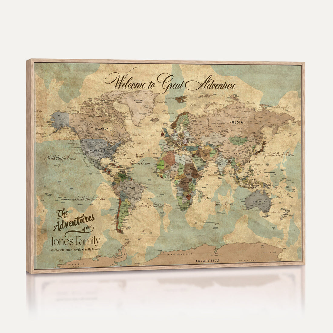 Personalized Framed Navy Vintage Push Pin World Map Wall Art, Places Visited Tracker, Bedroom and Hallway Decor