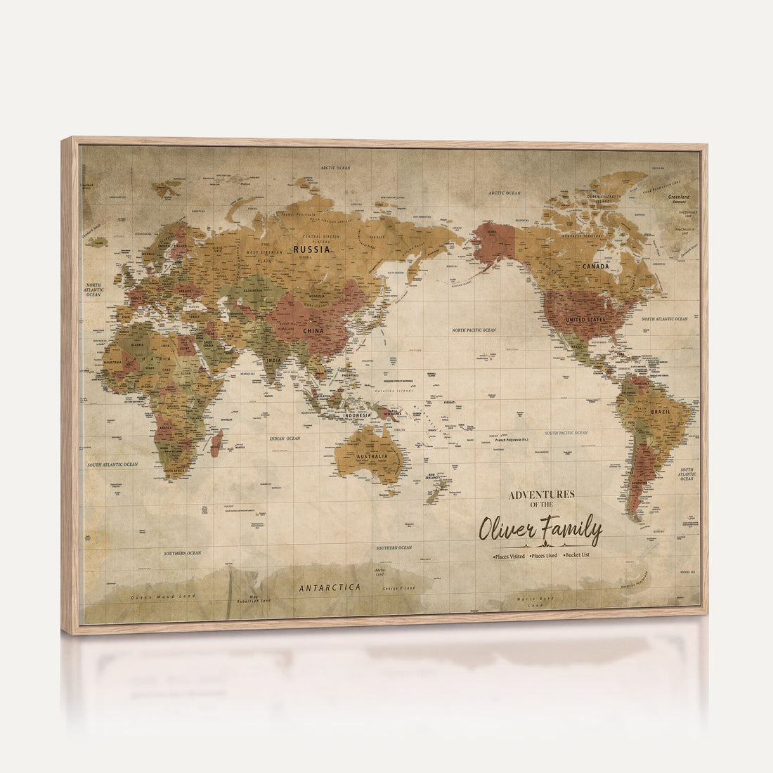 Personalized Framed Navy Modern World Map Canvas with Push Pins, Bucket List Map, Living Room and Entryway Decor