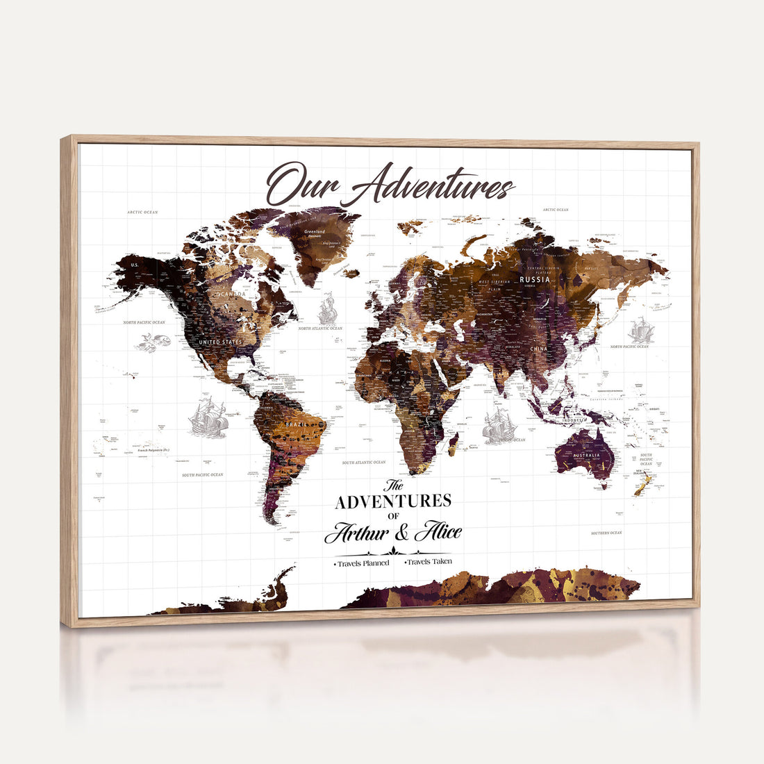 Personalized Framed Beige Vintage Push Pin Travel Map Canvas Print, Next Trip Planner Map, Home Office and Entryway Decor