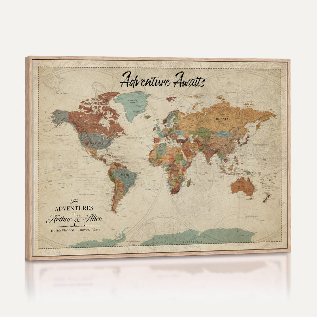 Custom Beige Push Pin World Map Canvas Print, Next Trip Planner Map, Family Room and Study Decor
