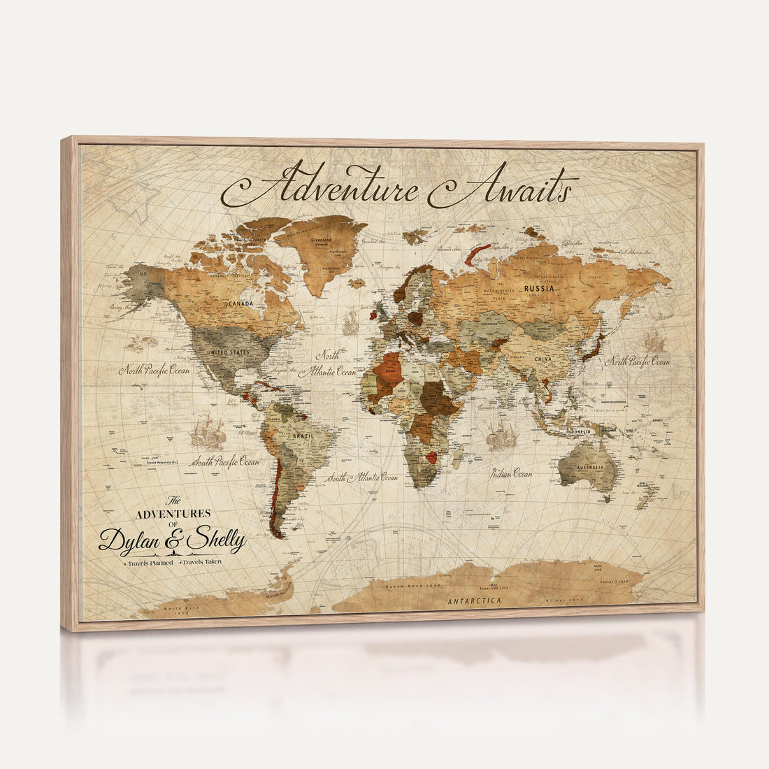Personalized Black Modern World Map Canvas with Push Pins, Family Travel Tracker, Bedroom and Study Decor