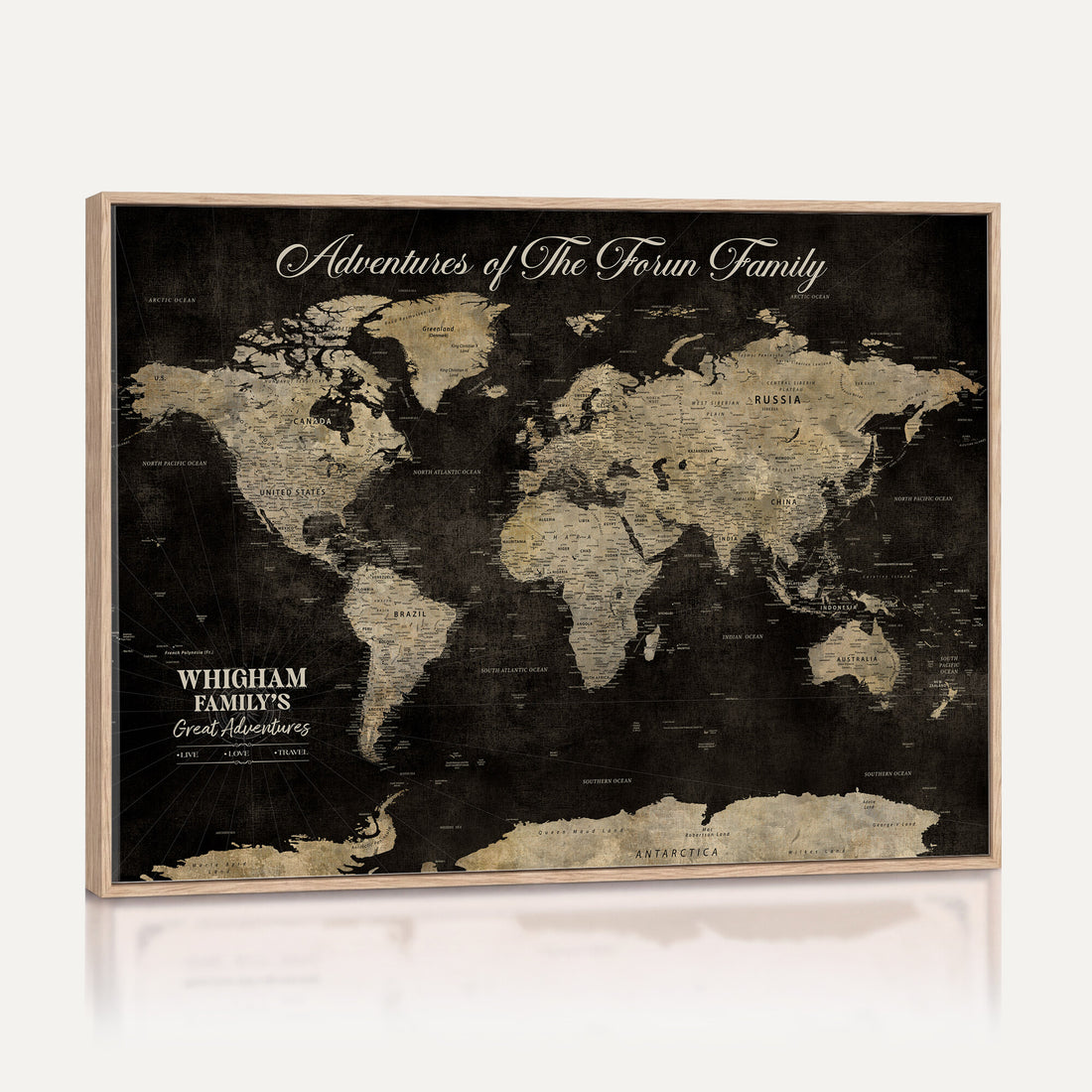Personalized Framed Black Modern World Map Canvas with Push Pins, Next Trip Planner Map, Dining Room and Home Office Decor