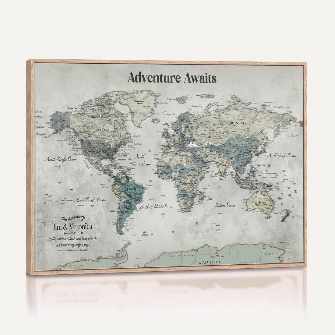 Personalized Framed Beige World Map Canvas with Push Pins, Places Visited Tracker, Bedroom and Entryway Decor